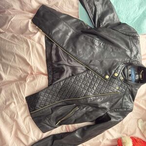 Cole Haan Black Leather Jacket with Gold Accents